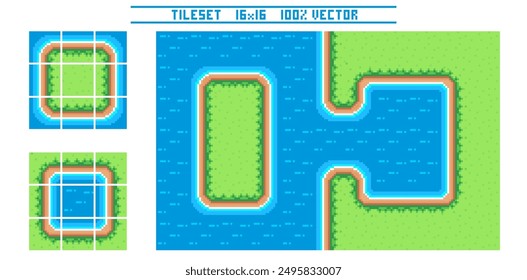 Conjunto de azulejos de arte de píxeles para juego retro 2d de arriba hacia abajo. Un conjunto de baldosas de agua con césped para plataformas. Locación y constructor paisajístico. La resolución del bloque es de 16 x 16 píxeles.