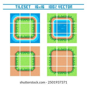 Pixel art tile set for 2d top-down retro game. A set of ground tiles with grass for platformer. Location and landscape constructor. The resolution of the block is 16 x 16 pixels.