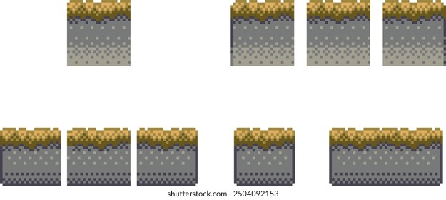 Pixel art tile set for 2d retro video-game. A set of grey ground tiles with autumn grass for platformer for location constructor. Vector illustration.