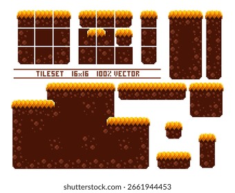 Conjunto de azulejos de arte de píxeles para juego retro 2d. Un conjunto de azulejos de otoño o halloween con césped para plataformas. Locación y constructor paisajístico. La resolución del bloque es de 16 x 16 píxeles.