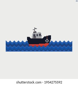 Pixel art tiny ship floating on the waves