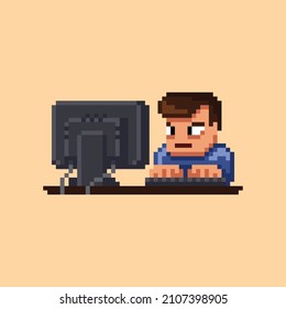 Pixel art tired male character sitting in front of computer display working on light background, 8 bit retro cartoon vector illustration