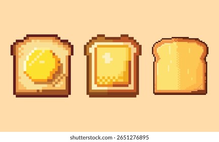 Pixel Art Toast Definir Ícones de Café da Manhã de 8 bits. Um conjunto de ilustrações de torradas de arte em pixels com estilo de 8 bits.
