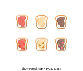 Pixel art toasts set. Pixel bread toast with chocolate, strawberry jam and butter. Cute retro icon of toasts for game assets, print, app, sticker, web design, fabric, paper, decoration. Vector vintage