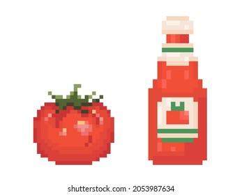 Pixel art tomato and bottle of ketchup illustrations. 8 bit style retro icons of red tomato and ketchup. Vector tomato ketchup for game, decoration, sticker or web. 