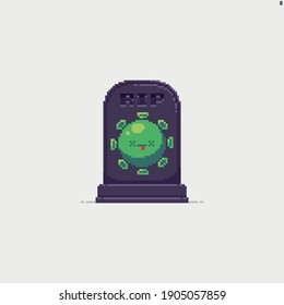 Pixel art tombstone with dead virus on it