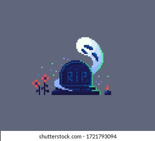 Pixel art tombstone and ghost. Old gravestone item for game design. Vector illustration.