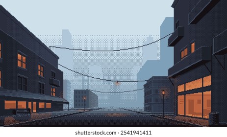 Pixel art town street in misty evening. Buildings with light in windows in front of the cityscape silhouette. Background for 8-bit retro video game. Vector illustration.