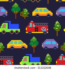 Pixel art traffic seamless vector pattern. 