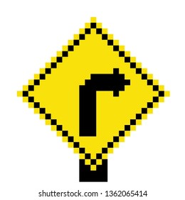 Pixel art traffic signs remind curve radius, turn right yellow and black