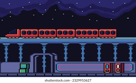 Estación de tren Pixel Art de noche