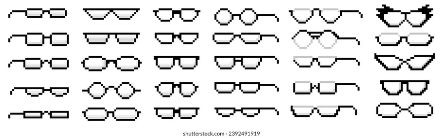 Pixel art transparent glasses. Nerd eyeglasses pixelated icons, glasses rim styles and shapes vector set of glasses pixel eyeglasses design illustration