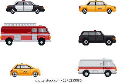 Bildtransport-Kollektion für Pixel. Fahrzeugpack, Polizei, Krankenwagen, Taxi, Feuerwehrwagen Symbole einzeln. Flaches Vektorgrafik-Set.