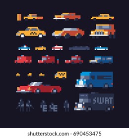 pixel art transport icons set, vector illustration.