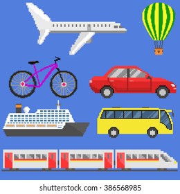 Equipo de transporte de arte de píxeles: avión, aerostático, bicicleta, camión, barco, bus, tren. Ilustración del vector