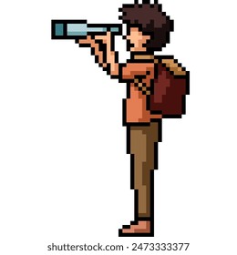 pixel art of traveler backpacker binocular isolated background