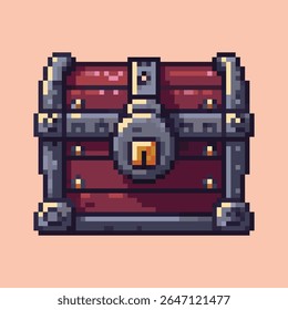 Pixel Art Tesouro Tórax com Fechadura, Dungeon Item de Jogo. Ilustração da arte pixel de um baú de tesouro de madeira fechado, reforçado com bandas de metal escuro e com uma fechadura proeminente e pesada.