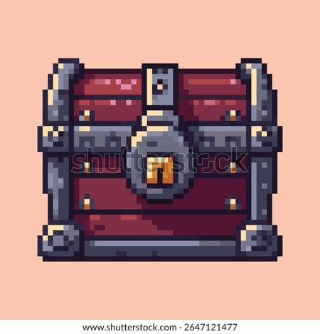 Pixel Art Treasure Chest with Lock, Dungeon Game Item. Pixel art illustration of a closed wooden treasure chest, reinforced with dark metal bands and featuring a prominent, heavy lock.