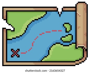 Pixel Art Treasure Map Vector Icon For 8bit Game On White Background