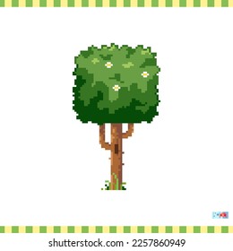 Pixel art tree icon. Vector 8 bit style illustration of square shaped tree with green leaves. Cute decorative element of retro video game computer graphic for game asset, sprite, sticker or web.