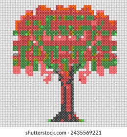 Pixel art of a tree with red and green foliage on a grid