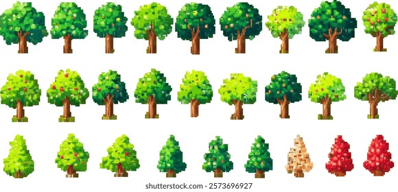 Pixel art tree set with 8-bit vector icons. Simple flat designs featuring pine, oak, and fir trees, branches, and foliage.