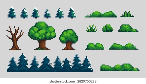 Pixel art tree set, bushes, grasses and fir trees 8 bit video game nature asset Isolated pixel art