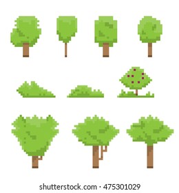 Pixel art trees collection isolated on white. vector trees set