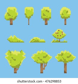 Pixel art trees collection isolated on black. vector trees set