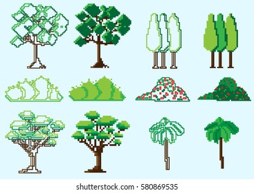 Pixel art trees collection isolated on blue.Vector trees set for games and mobile applications.