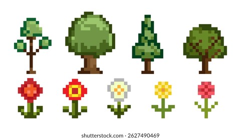 Pixel Art Trees and Flowers Icon Set. 8 bit retro style various green trees and colorful blossoms ideal for game design, app icons, stickers, digital art projects.Vector illustration