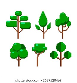 Iconos de árboles de arte de píxeles aislados sobre fondo blanco. Ilustración vectorial