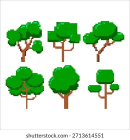 Pixel art trees icons isolated on white background. Vector illustration