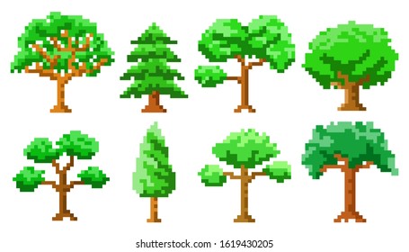 Pixel art trees isolated vector set