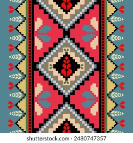 Pixel art tribal pattern featuring geometric ethnic designs in traditional folk motif style, with vibrant red, blue, black, and beige colors, perfect for vintage-style textiles, fabrics, wallpapers