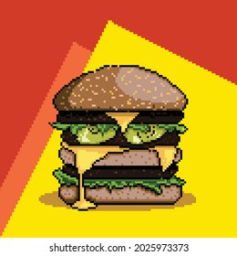 Pixel Art of Triple Hamburger Closeup in a Colored Warm Color Background. 8-Bit Game aspect, detailed bread, cheese, salad, pickles and meat. Looking delicious meal.