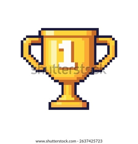 Pixel art trophy cup with number one on it. Ideal for game rewards, first place achievement icons, retro-style gaming elements, or app badges.

