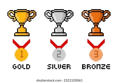 Pixel art of trophy and medal in gold, silver and bronze categories. 