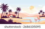 Pixel art tropical beach scene with flamingos and palm trees.