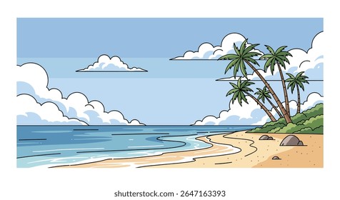 Pixel Art Tropical Beach Scene with Palm Trees and Ocean Waves