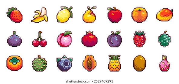 Pixel Art Tropical e Exótica Frutas e Berries Icon Set, Morango, Banana, Limão, Maçã, Manga, Fig, Cereja, Pêssego, Romã, Abacaxi, Kiwi, Papaya. Elementos retrô de 8 bits para jogos e design.