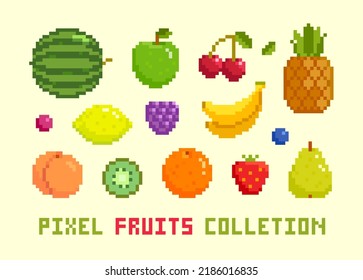Pixel Art tropical Fruits vector set. Isolated pixel fruits in retro 8-bit video game style