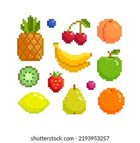 Pixel Art tropical Fruits vector set on white background. Isolated pixel fruits in retro 8-bit video game style