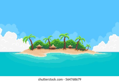 Pixel art tropical island with palm trees and bungalows