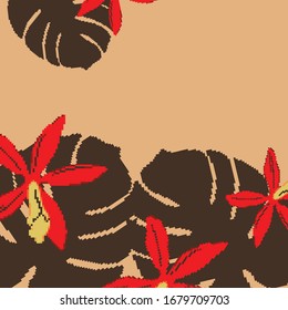 Pixel art tropical leaves and flowers. 8 bit. Pixel vector.