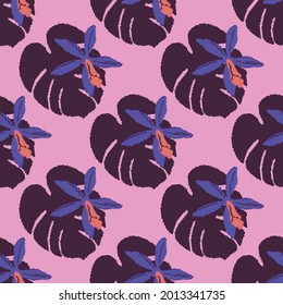 Pixel art tropical leaves and flowers. 8 bit. Seamless pattern vector
