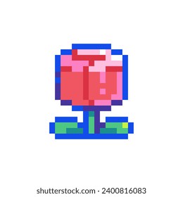 Pixel art Tulip Icon. Vector Pixel 8bit Tulip Bud. 80s 90s Retro Game Decor For Valentine's Day. Pixelated Pink Flower Sticker Illustration on white background.	