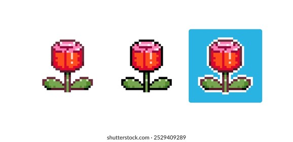 Pixel Art Tulip Icon Ilustración vectorial. Etiqueta engomada aislada gráfica roja de la flor. Video Tulipán retro de 8 bits para juego, móvil, Web. Elemento floral de la Naturaleza de primavera. Activo de arte digital