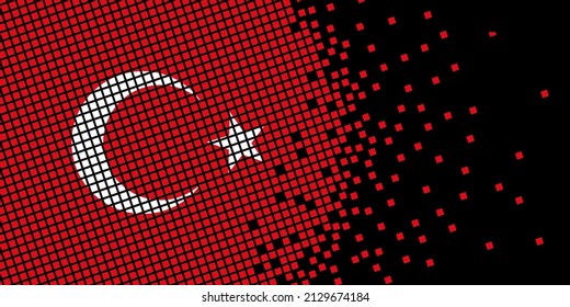 Pixel art with Turkey flag. Pixel Dots grow by concentrating within the flag. The dots inside the Turkey flag are pixel art representing unity and independence. Flag on black background.
