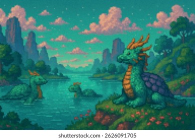 Pixel art turquoise lake with gentle sea dragons—one lounging on flowered shore—surrounded by misty cliffs, lush trees and pastel clouds. Retro 16‑bit fantasy scene for game backgrounds.